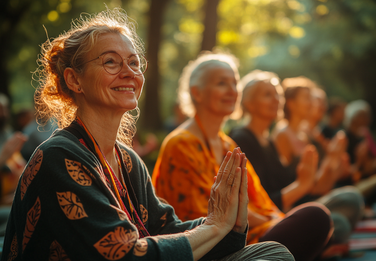 Група старших людей практикує йогу